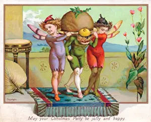 Elves Prints: Fairies carrying a pudding on a Christmas card