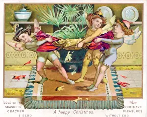 Elves Prints: Fairies pulling a paper cracker on a Christmas card