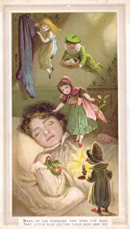 Fairies and sleeping girl on a Christmas card