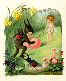 Daffodils Gallery: Fairy and child with Easter egg and stag beetle
