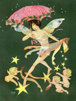 Nylon Prints: Fairy walking on stars holding an umbella