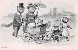 Images Dated 14th June 2018: Family of cats with a pram on a postcard