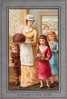 Trays Prints: Family with Christmas pudding on a New Year card