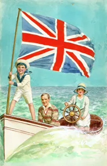 Family in launch with Union Jack