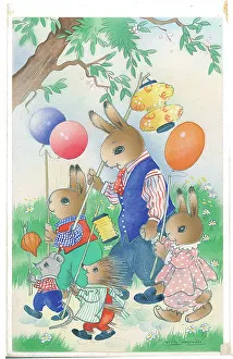 Family of Rabbits Bunnies in domestic setting