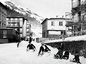 Toboggan Prints: Family tobogganing in St. Moritz, Victorian period
