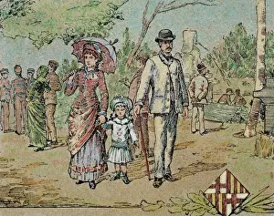 Family walking. Barcelona. Catalonia. Spain. 1885. Engraving