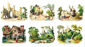 Famous buildings on six Victorian scraps Famous buildings on six Victorian scraps