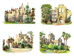 Glamis Prints: Famous Scottish buildings on four Victorian scraps