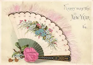 Fan decorated with flowers on a New Year card