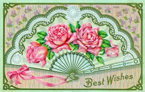 Fan with pink roses on a greetings postcard