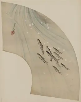 Fan-shaped drawing of fish swimming upstream