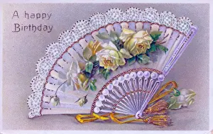 Buds Prints: Fan with yellow roses on a birthday postcard