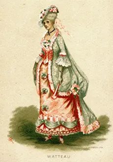 Fancy dress costume, Watteau style dress Date: circa 1880