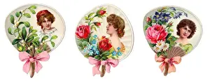 Fans with women and flowers on three Victorian scraps