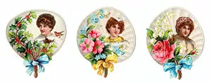 Lily Gallery: Fans with women and flowers on three Victorian scraps
