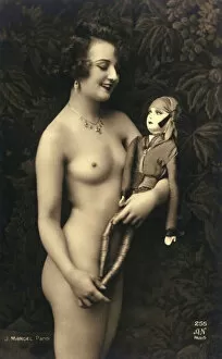 Fantasy French postcard - Nude woman and doll
