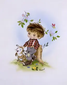 Patched Prints: Fantasy Illustration - young boy and rabbit