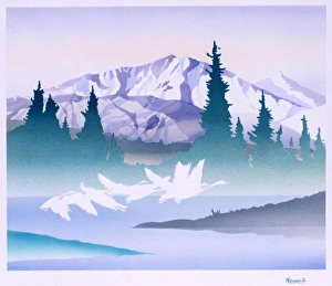 Birds Collection: Fantasy Landscape - Geese flying over snowy scene