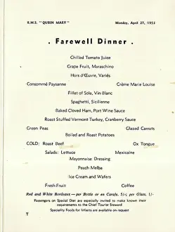 Farewell Prints: Farewell Dinner Menu, Cunard liner, RMS Queen Mary