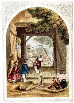 Labourer Prints: Farmer winnowing grain while children watch