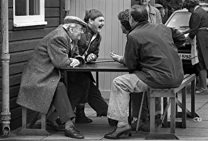Images Dated 13th June 2019: Farmers laugh outside cafe Bury St. Edmunds cattle market