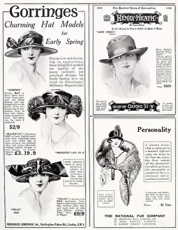 Stole Prints: Three fashion adverts for women's fashionable hats and fur stoles from The Tatler January 1923