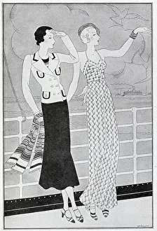 Some fashion suggestions for women when travelling, perhaps - as here - on the deck of a cruise ship. Date: 1932