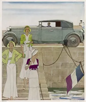 Femina Prints: Fashion: three women and car, French Riviera, 1931