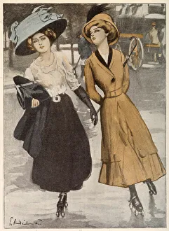 Images Dated 8th April 2021: Two fashionable girls skate picturesquely down the street. Date: 1910