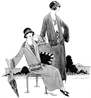 Images Dated 26th July 2016: Two fashionable ladies wear 3-piece suits by H J Nicholl
