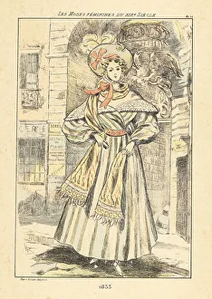 Drypoint Prints: Fashionable lady in front of a covered passage or galerie, Paris
