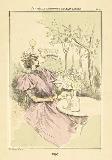 Drypoint Prints: Fashionable lady drinking in a pleasure garden, Paris, 1897
