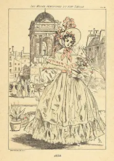 Drypoint Prints: Fashionable lady at the fontaine des Nymphes, Paris, 1838