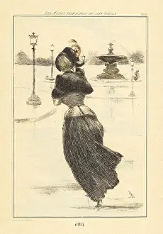 Drypoint Prints: Fashionable lady at the Fontaine de la Concorde, Paris, 1884