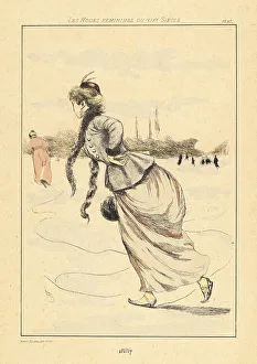 Drypoint Prints: Fashionable lady ice skating on a frozen river, France, 1887
