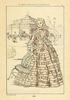Drypoint Prints: Fashionable lady in front of an octagonal theatre, Paris, 1861