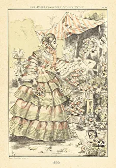 Drypoint Prints: Fashionable lady at the Paris Flower Market, 1855