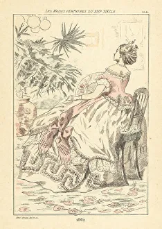 Drypoint Prints: Fashionable lady in a parlor with large pot plant, Paris, 1862