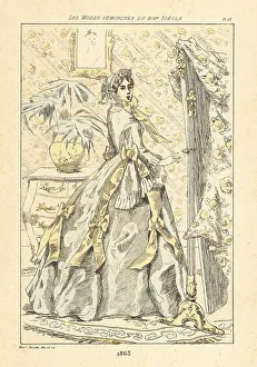 Drypoint Prints: Fashionable lady in a parlor with palm pot plant, Paris, 1863