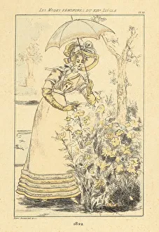 Drypoint Prints: Fashionable lady picking flowers in a garden, Paris, 1832
