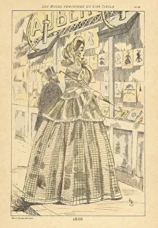 Drypoint Prints: Fashionable lady in front of a printseller, Paris. 1858