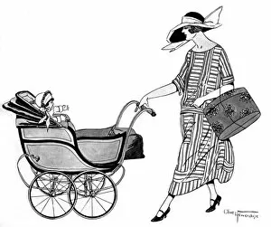 Images Dated 26th July 2016: Fashionable lady pushing her child in a fine pram