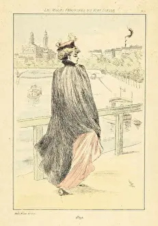 Drypoint Prints: Fashionable lady walking on a bridge over the Seine, Paris, 1891