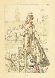 Drypoint Prints: Fashionable lady watching a steeplechase at a race course, 1867