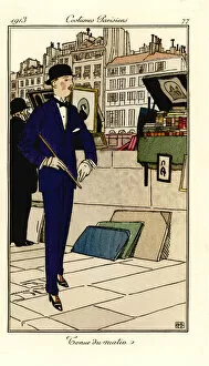 Images Dated 17th April 2019: Fashionable man walking past bouquinistes on the Seine, 1913