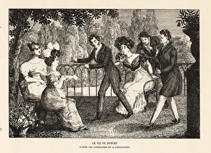 Diversion Prints: Fashionable people in a garden playing the Whistle Game