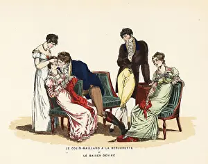 Diversion Prints: Fashionable people playing the party game of Guess the Kisser