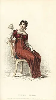 Thomas Uwins Prints: Fashionable Regency woman in crimson evening dress, 1813