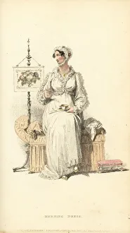 Thomas Uwins Prints: Fashionable Regency woman drinking tea next to a screen, 1814